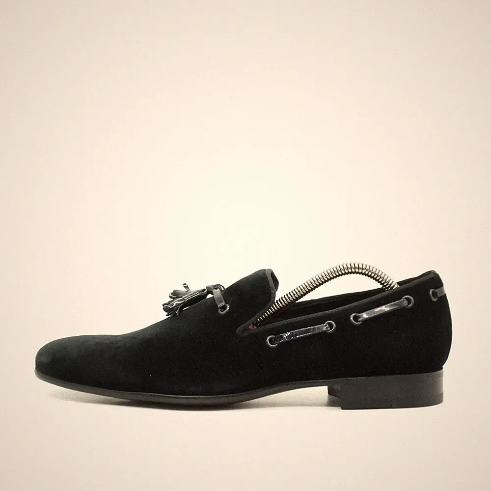 Per La Moda Herren Quasten Slipper Loafer Schwarz Wildleder Handgefertigt EU 41
