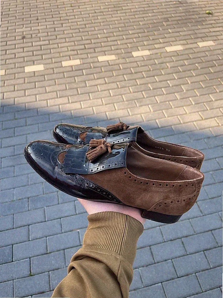 Pertini Brown Suede and Patent Leather Kiltie Tassel Brogue Loafers
