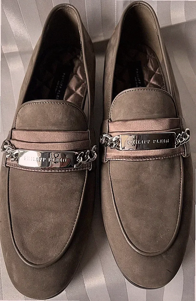 Philipp Plein Herren Loafer Slipper Grau Braun Gr. 43 Leder Original