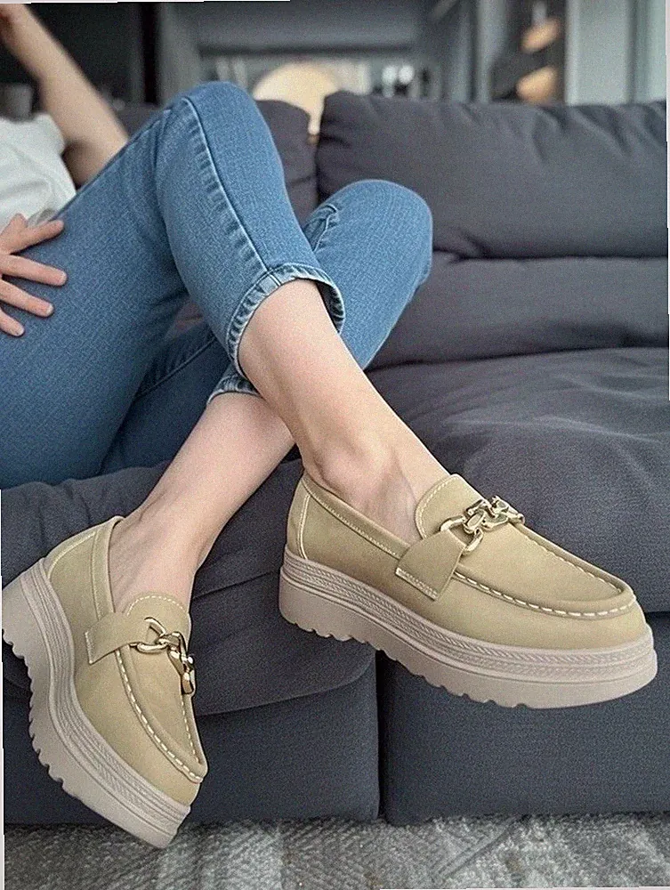 Plateau Loafer Flache Damenschuhe 38 Gebraucht Beige Gold Schnalle