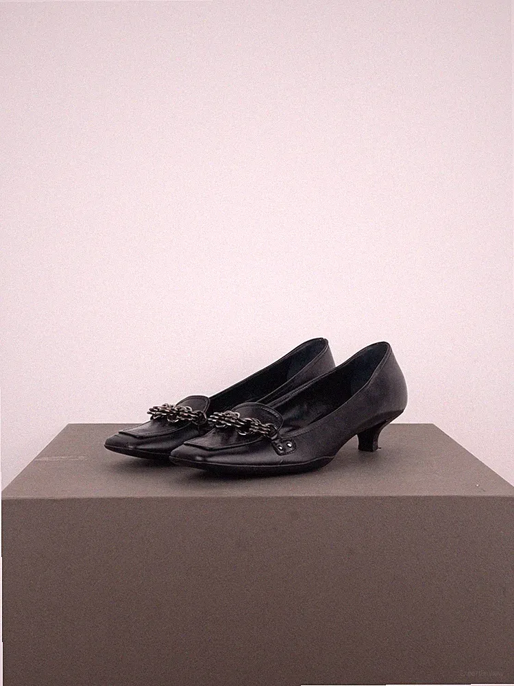 Prada 2000s Square Toe Chain Loafer Pump Kitten Heels
