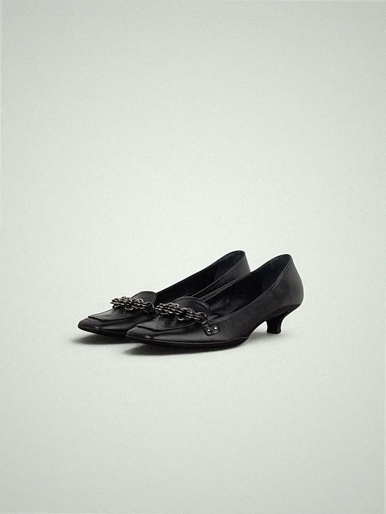 Prada 2000s Square Toe Chain Loafer Pump Kitten Heels