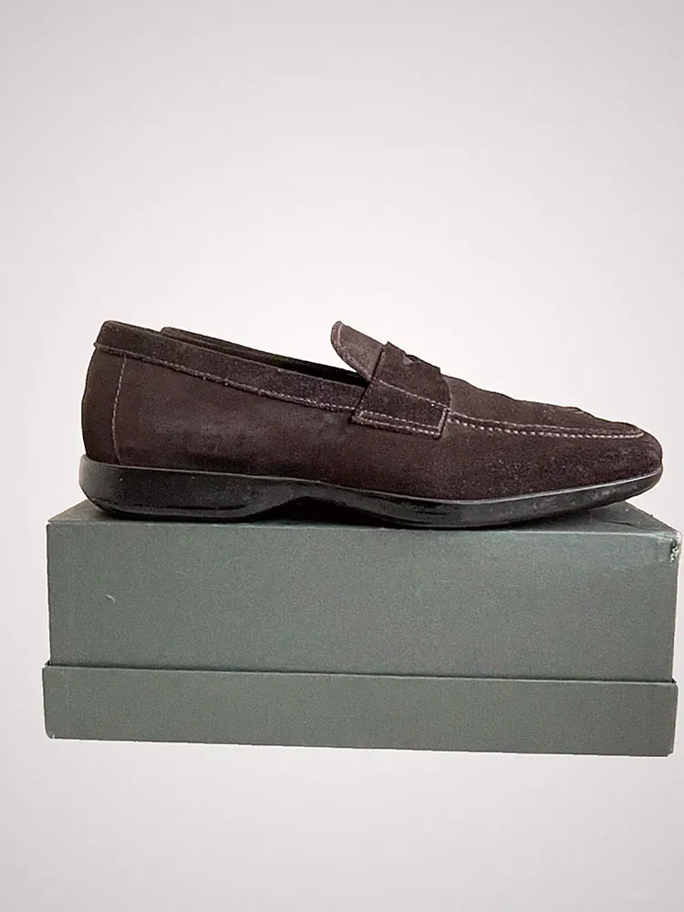 PRADA DUNKELBRAUNE WILDLEDER PENNY SLIPPER HALBSCHUH SCHUHE GRÖSSE 7,5 / 41