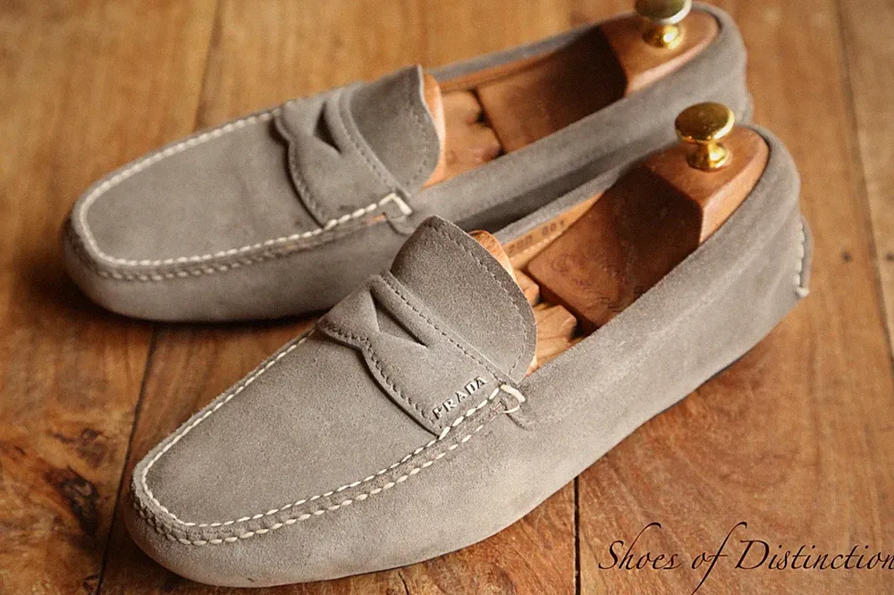 Prada Grau Wildleder Leder Schuhe Fahrschuhe Halbschuhe Herren UK 7,5 US 8,5...