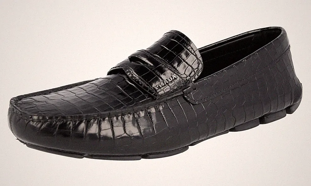 PRADA KROKO Print Leder Driving Loafer Slipper Schuhe - Schwarz NEU