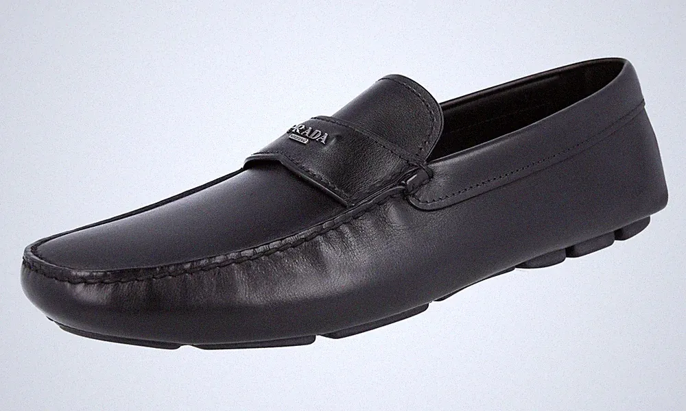 PRADA Leder Logo Driving Loafer Mokassins Schuhe 2DD165 Schwarz NEU - 10,5 44,5