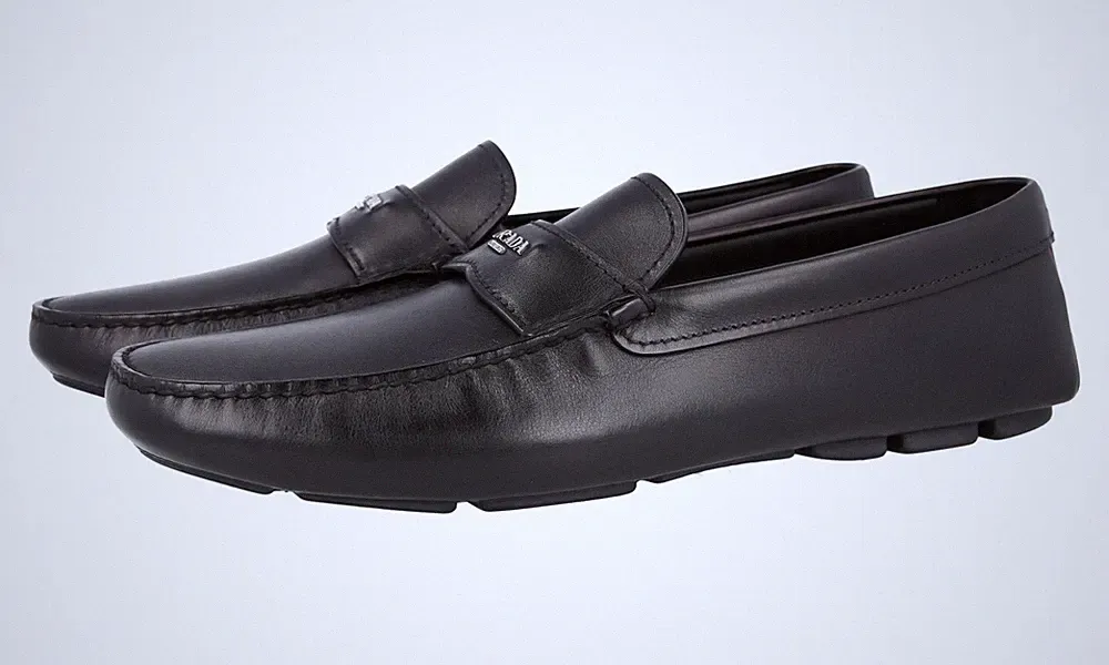 PRADA Leder Logo Driving Loafer Mokassins Schuhe 2DD165 Schwarz NEU - 10,5 44,5