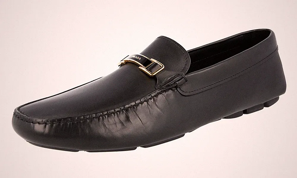 PRADA Leder Logo Driving Loafer Schuhe 2DD163 - Schwarz Gold - NEU - 13 47