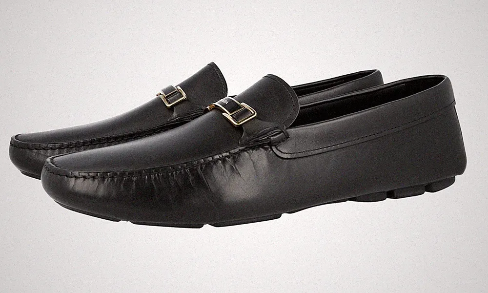 PRADA Leder Logo Driving Loafer Schuhe 2DD163 - Schwarz Gold - NEU - 13 47