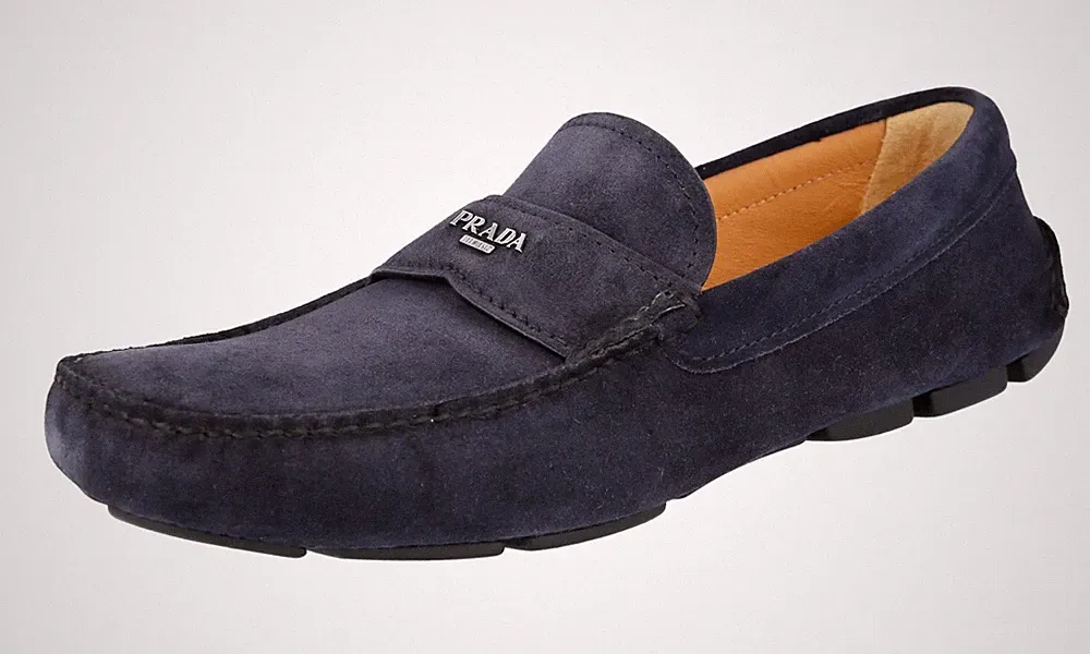PRADA Leder Logo Driving Loafer Slipper Schuhe - Navy Blau - NEU - 7 41