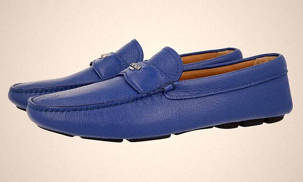 PRADA Leder Logo Driving Mokassins Loafer Schuhe 2DD165 Royal Blau NEU