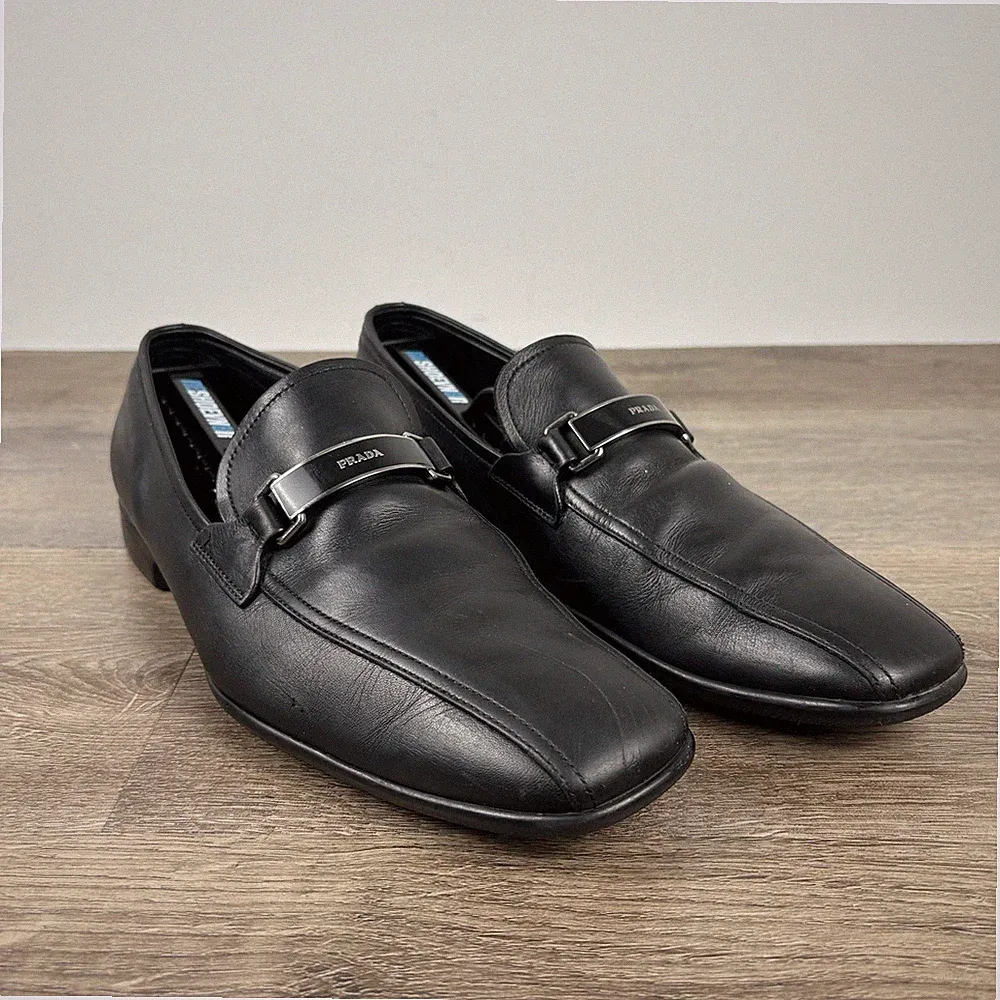 Prada Mens 9 US Logo Loafers Black Slip On 4D2823 Shoes Made In Italy NO BOX