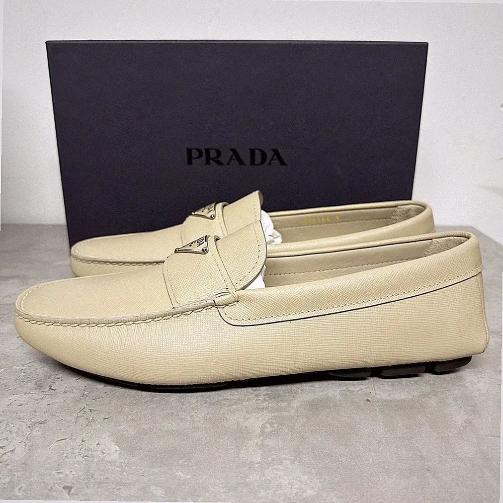 PRADA MENS DRIVER MOCASSIN UK 9 US 20 HERREN HALBSCHUHE SCHUHE CREME BEIGE OFF WHITE