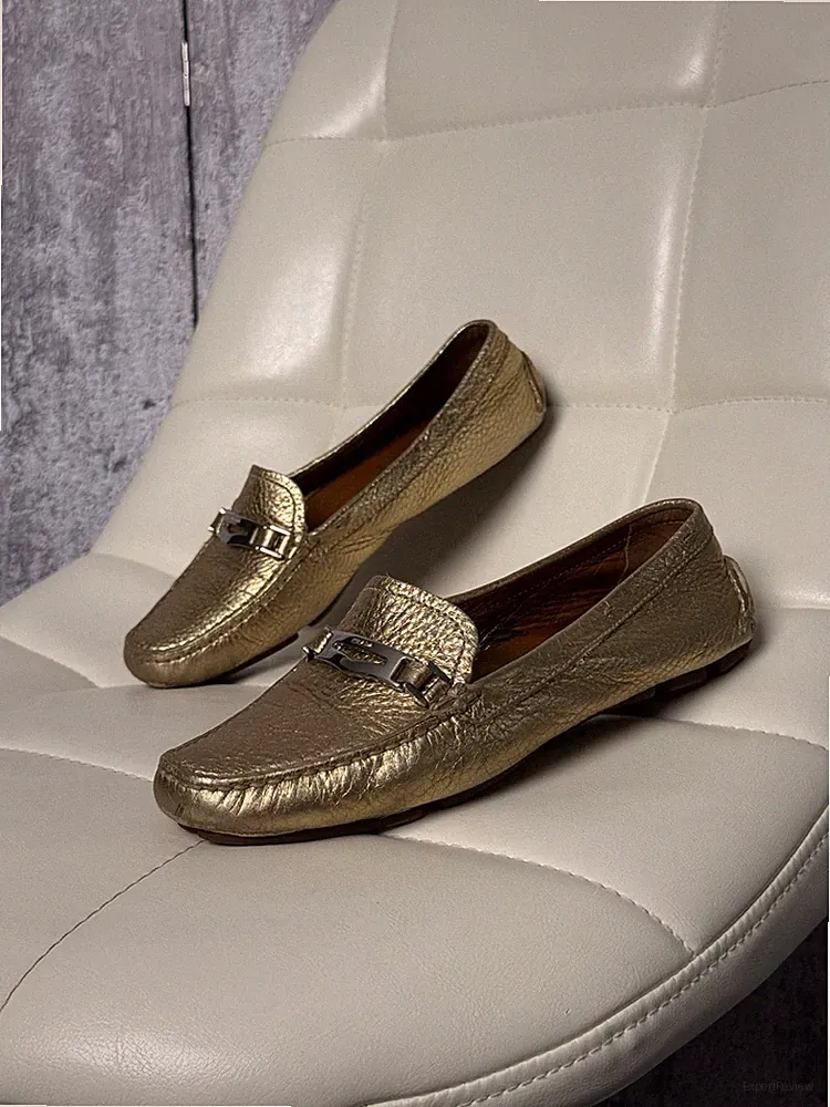 Prada Metallic Gold Pebbled Leather Driving Loafers Mokassins Schuhe Größe 36,5