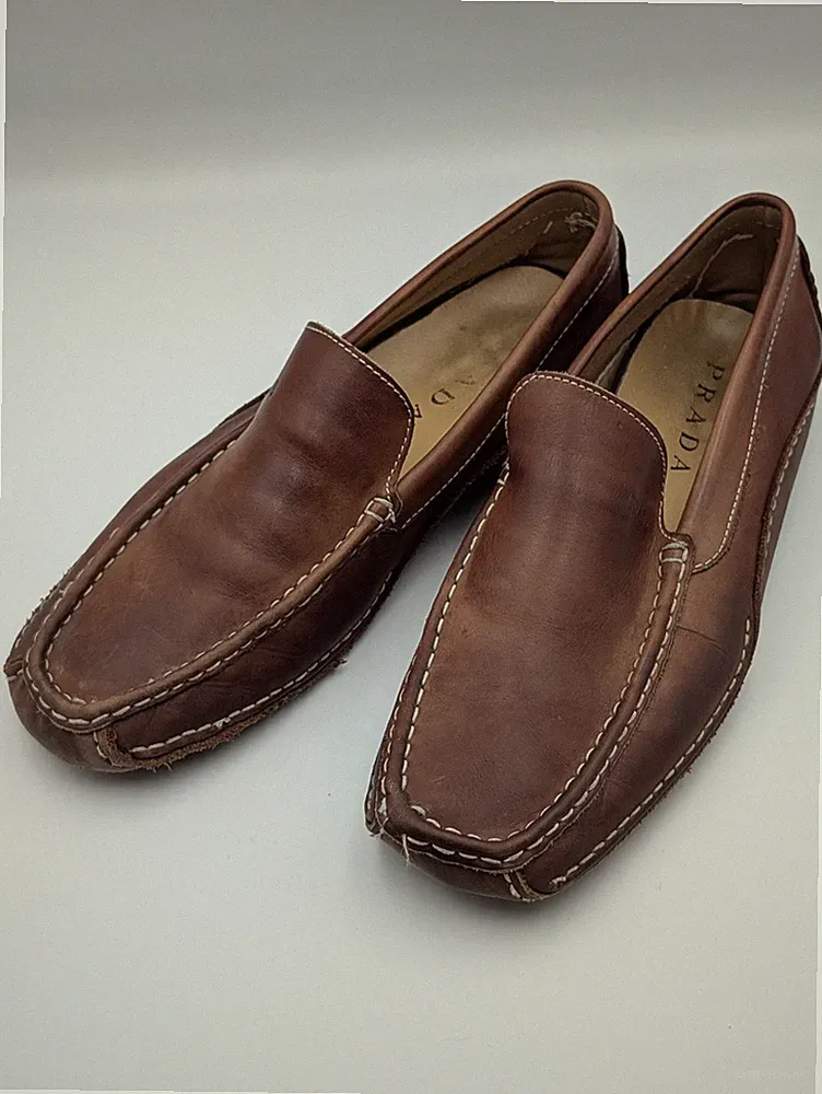 Prada Moccasins Slip On Driving Loafer Brown Leather