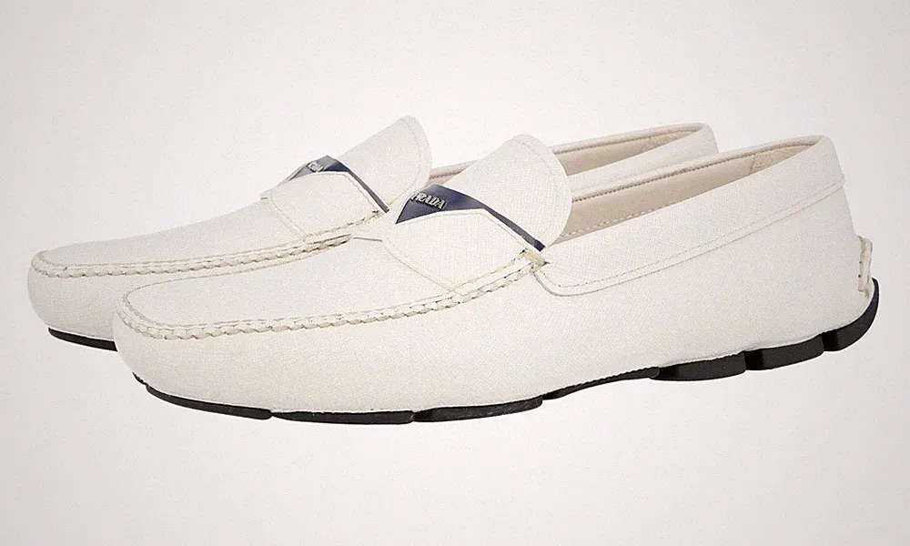 PRADA Saffiano Leder Driving Loafer Schuhe - 2DD131 - Talco Weiss NEU