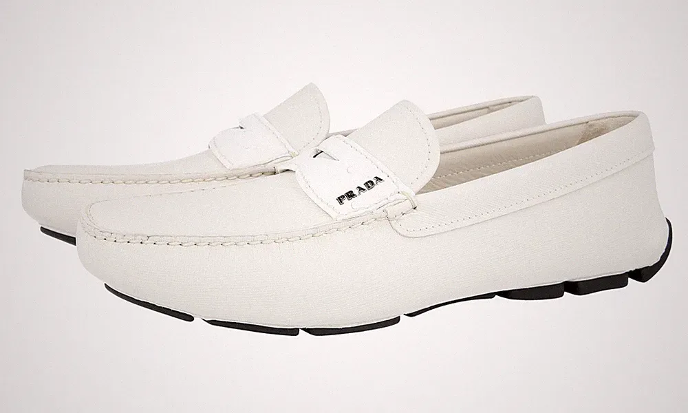PRADA Saffiano STRAUSSEN Leder Driving Loafer Schuhe - 2DD151 Weiss NEU