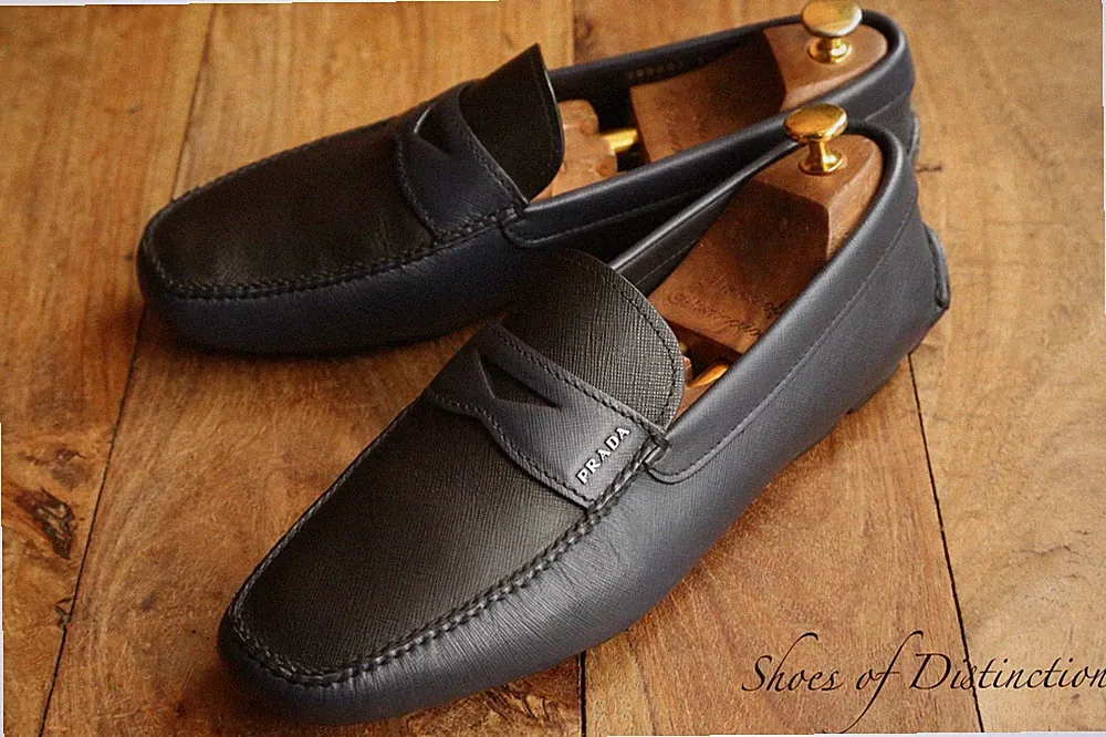 Prada Schwarz Blau Leder Silber Bit Schuhe Schuhe Halbschuhe Herren UK 10...