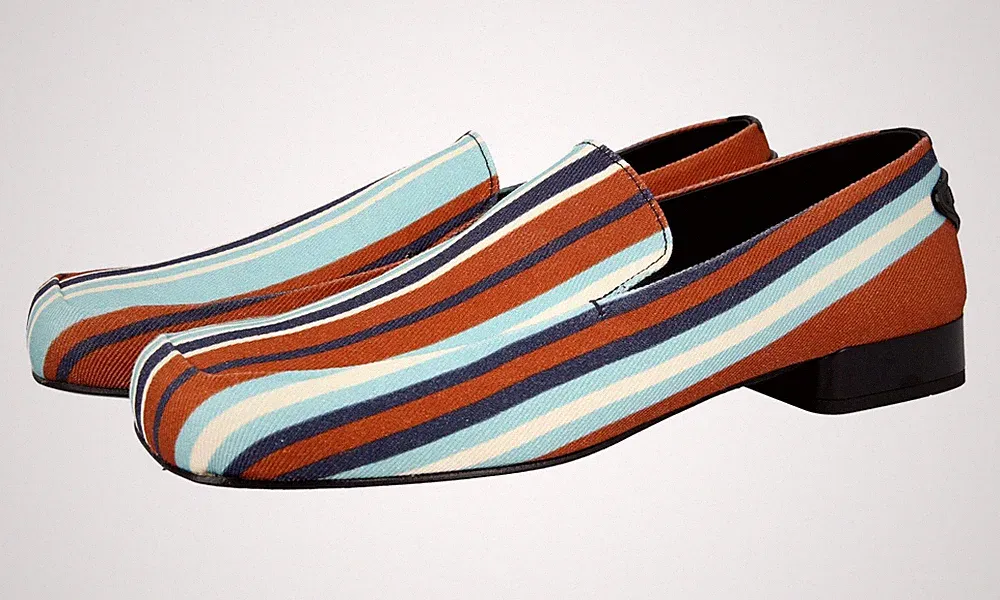 PRADA SLIPPER SLIP ON SCHUHE 2DG120 COGNAC BRAUN BLAU WEISS CANVAS NEU 9 43