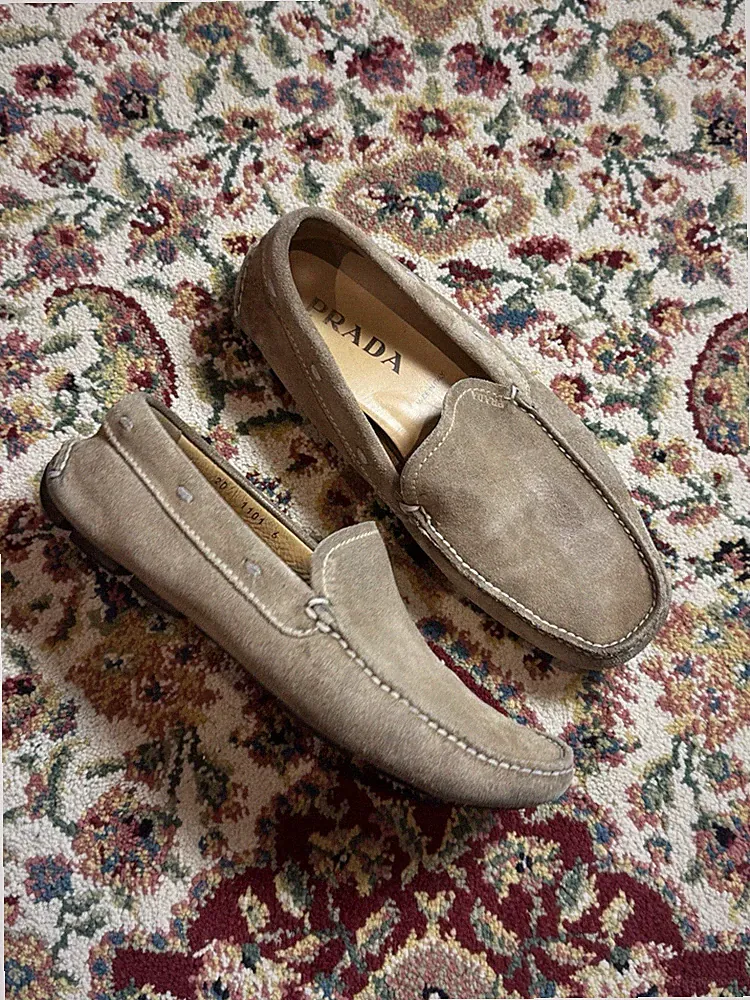 Prada Suede Driving Loafers Moccasins Beige US7 W8.5