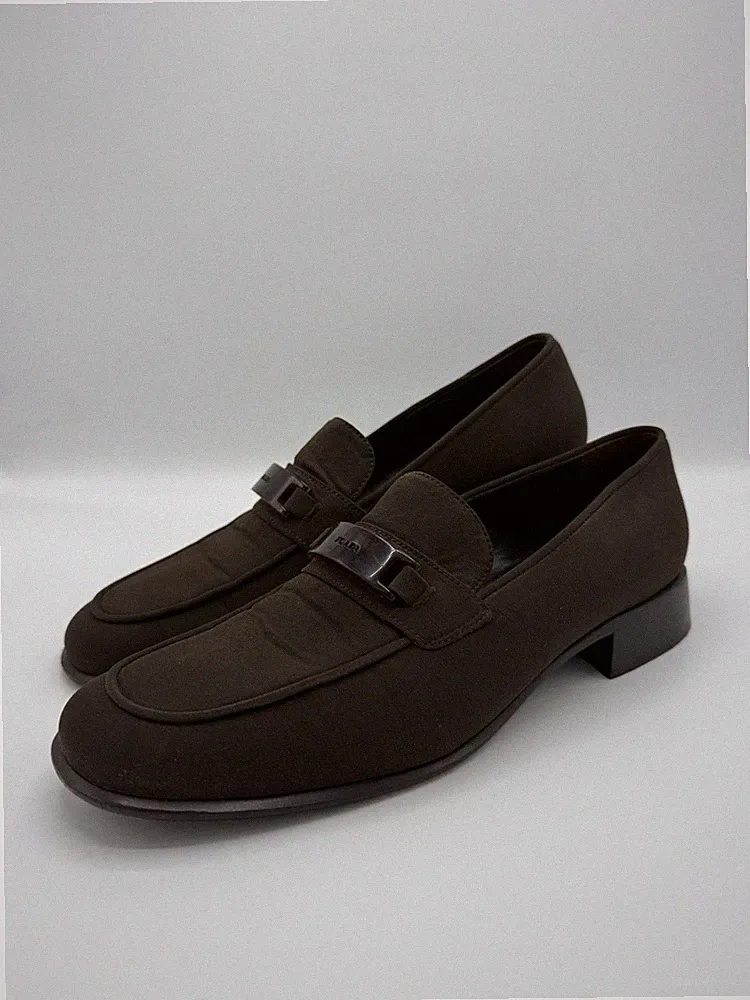 Prada Vintage Loafer Gr. 41 Braun Stoff Canvas Schildpatte Logo Made in Italy