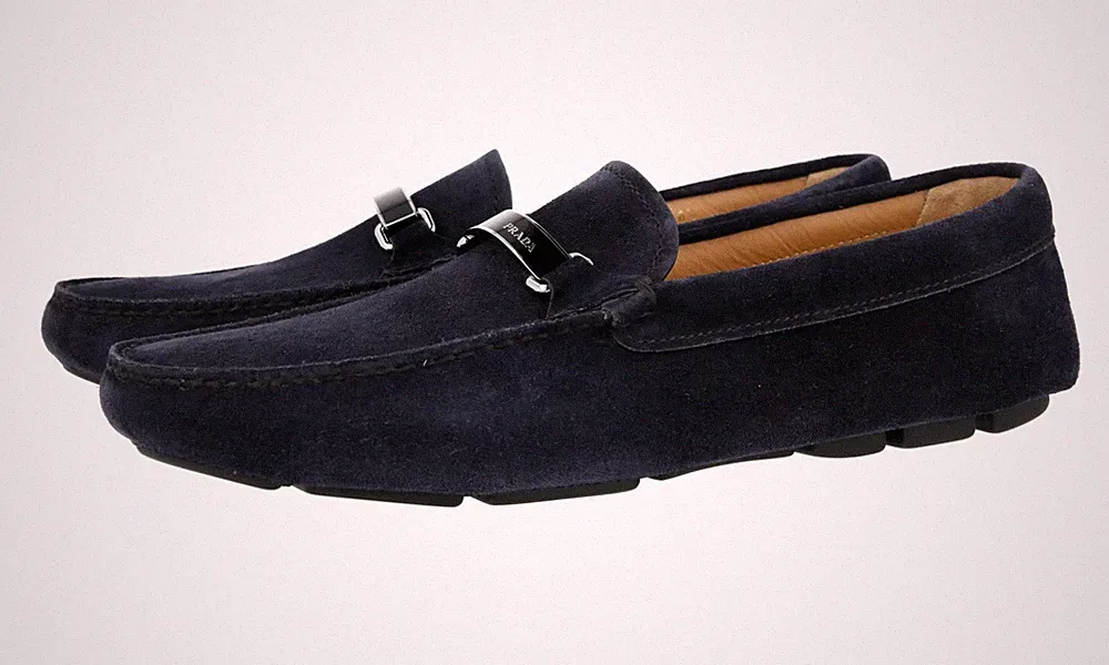 PRADA Wildleder Logo Driving Mokassins Loafer - 2DD166 - Blau - NEU