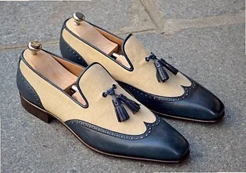Premium Handarbeit Beige & Marineblau Halbschuhe Herren Schuhe Elegant Zweifarbig Quasten
