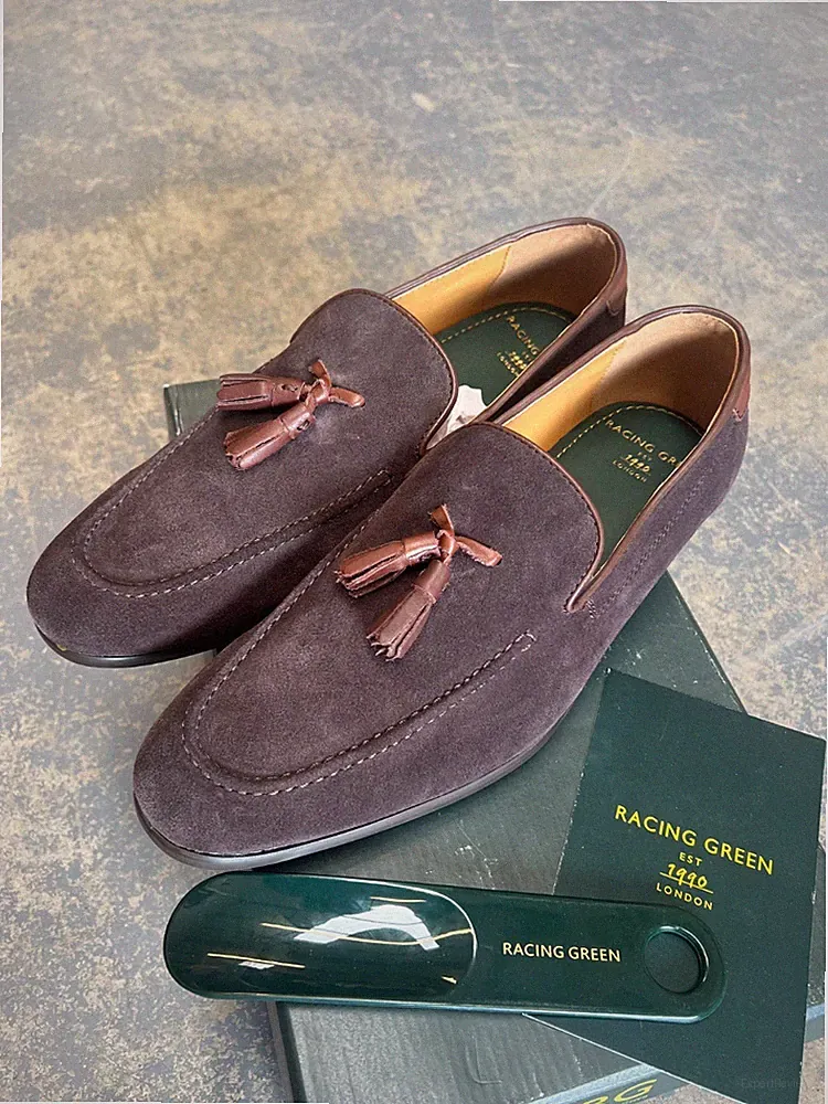 Racing Green Herren Braun Wildleder Quaste Halbschuhe, Smart Formell Slipper Schuh