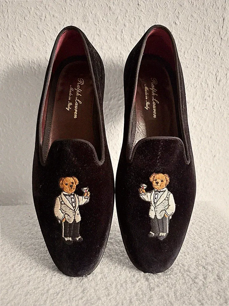 🩵 Ralph Lauren Purple Label Alonzo Velvet Loafers Bären Stickerei Samt 🩵