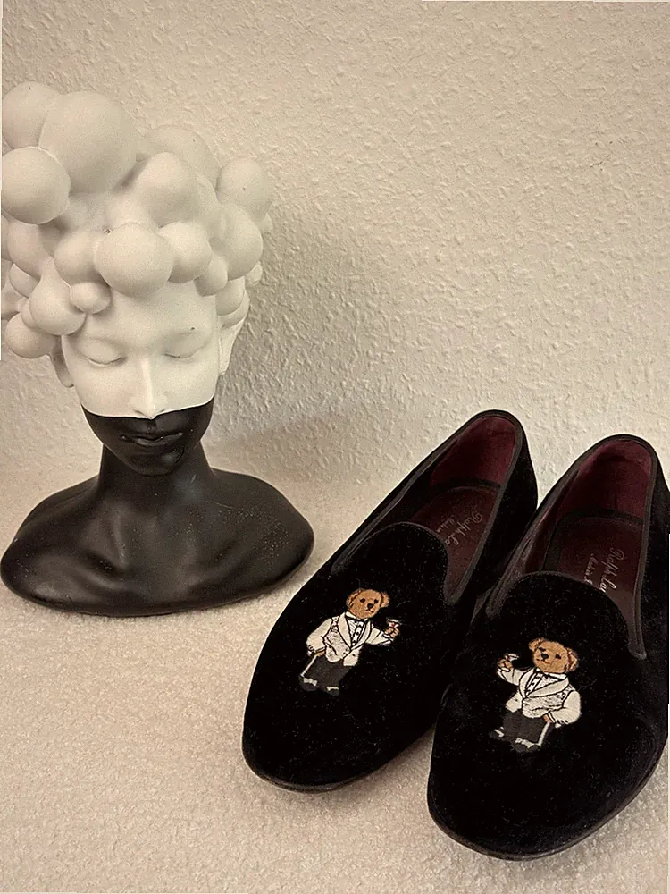 🩵 Ralph Lauren Purple Label Alonzo Velvet Loafers Bären Stickerei Samt 🩵