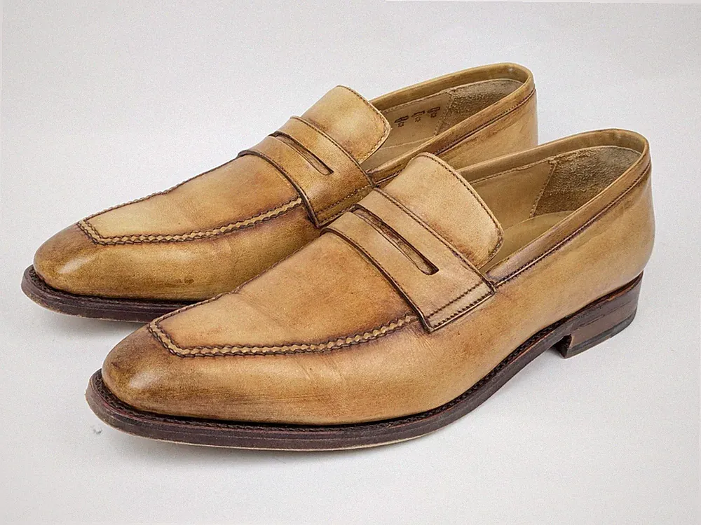 RAPHAEL HANDMADE Schuhe Herren 9.5 43.5 Beige Leder Penny Loafer Halbschuhe