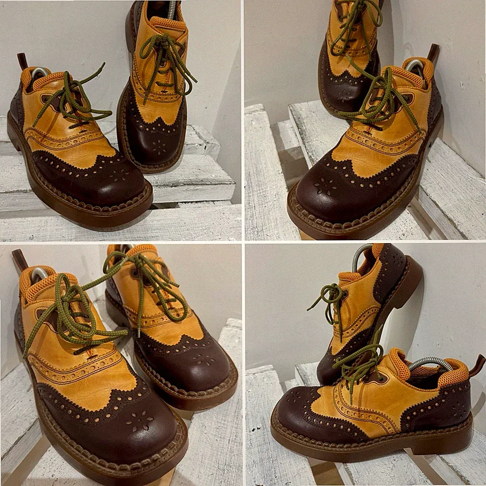 Rare Miu Miu Prada Vintage Retro Tan Brown Leather Punched Round Toe Shoes 41 42
