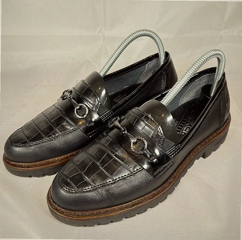Rieker Antistress klobige Halbschuhe schwarz Lederimitat Kroko Schnalle UK 5