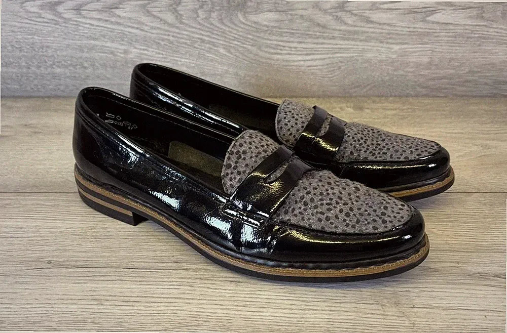Rieker Antistress schwarze Leder Animal Print Halbschuhe Slipper Schuhe Gr. UK 6