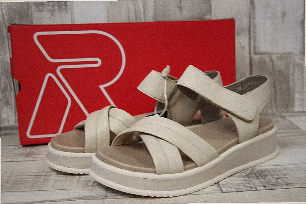 Rieker Damen echt Leder Sandale beige Klettverschluss dicke Sohle Schuhe Plateau