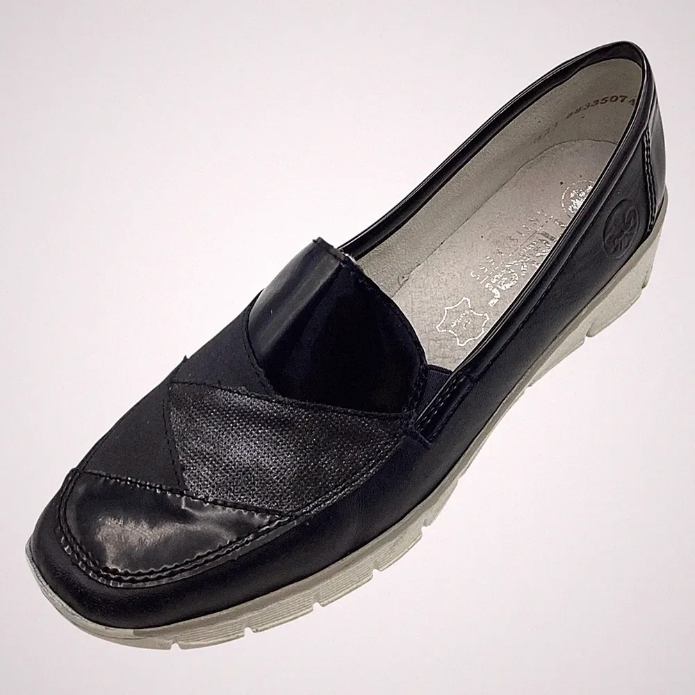 Rieker Damen Halbschuhe UK 8 Navy Leder Lack Keilabsatz Slipper Freizeit