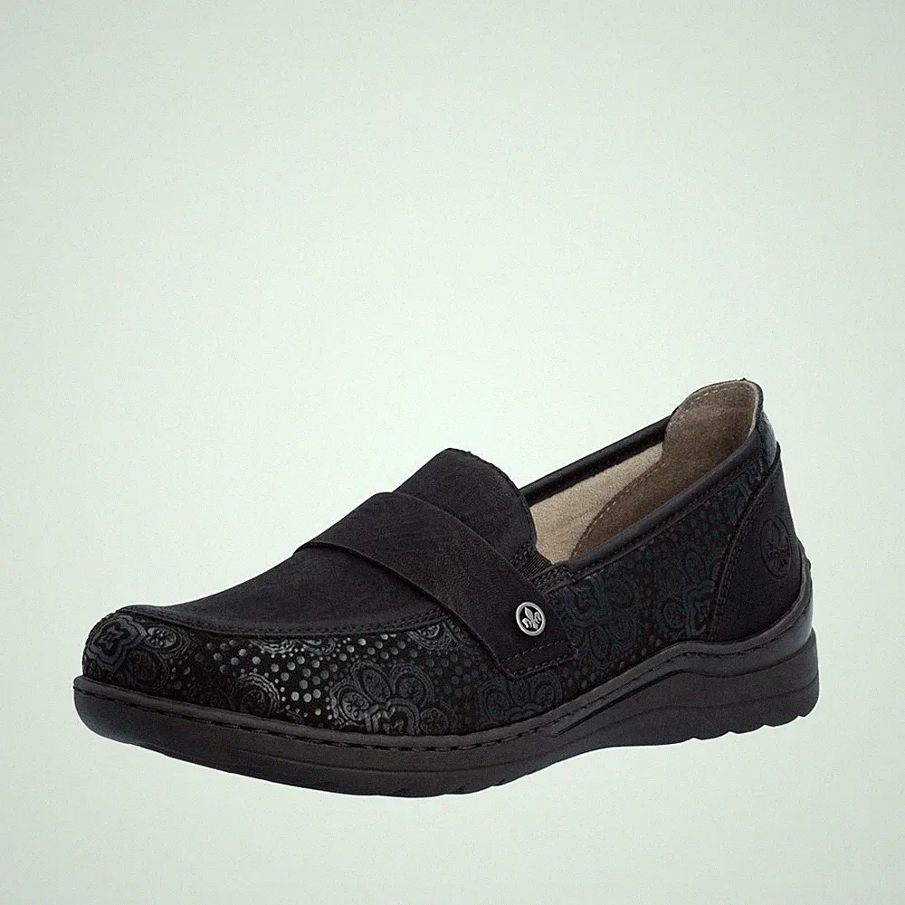Rieker Damen Loafer Schwarz Gemustert 48968-00 Slipper Halbschuhe Elegant