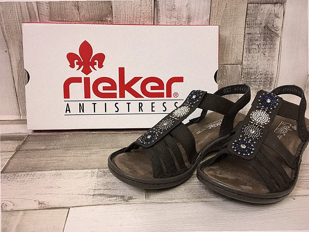 Rieker Damen Riemchen Sandale mit Verzierung am Mittelsteg grau Sandalette Gummi