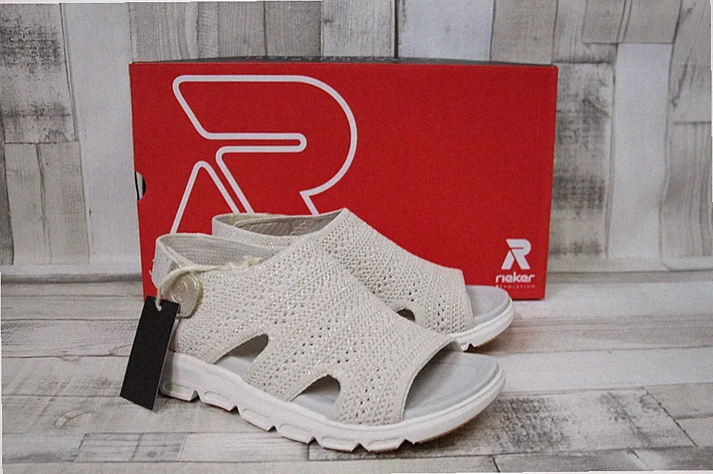 Rieker Damen Sandale beige, Klettverschluss Stoffschuhe bequem Strick Sandalette