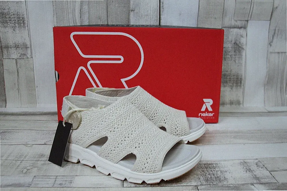Rieker Damen Sandale beige, Klettverschluss Stoffschuhe bequem Strick Sandalette