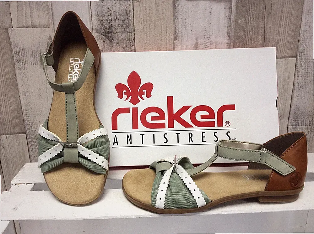 Rieker Damen Sandale mint grün weiß, geschlossener Ferse braun Riemchensandale