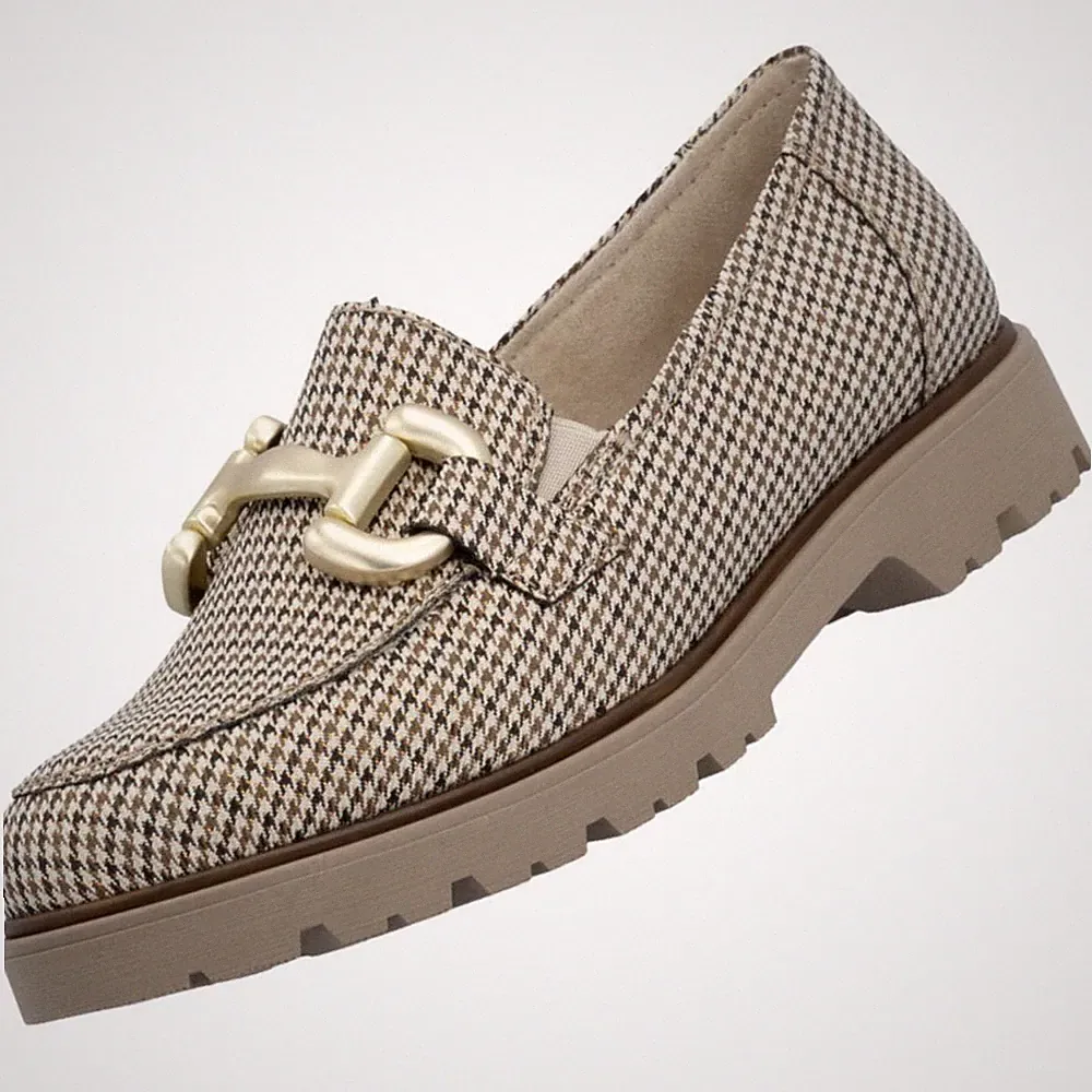 Rieker Damen Slipper Loafer Beige 45561-60 Lederdecksohle Komfort Hahnentritt