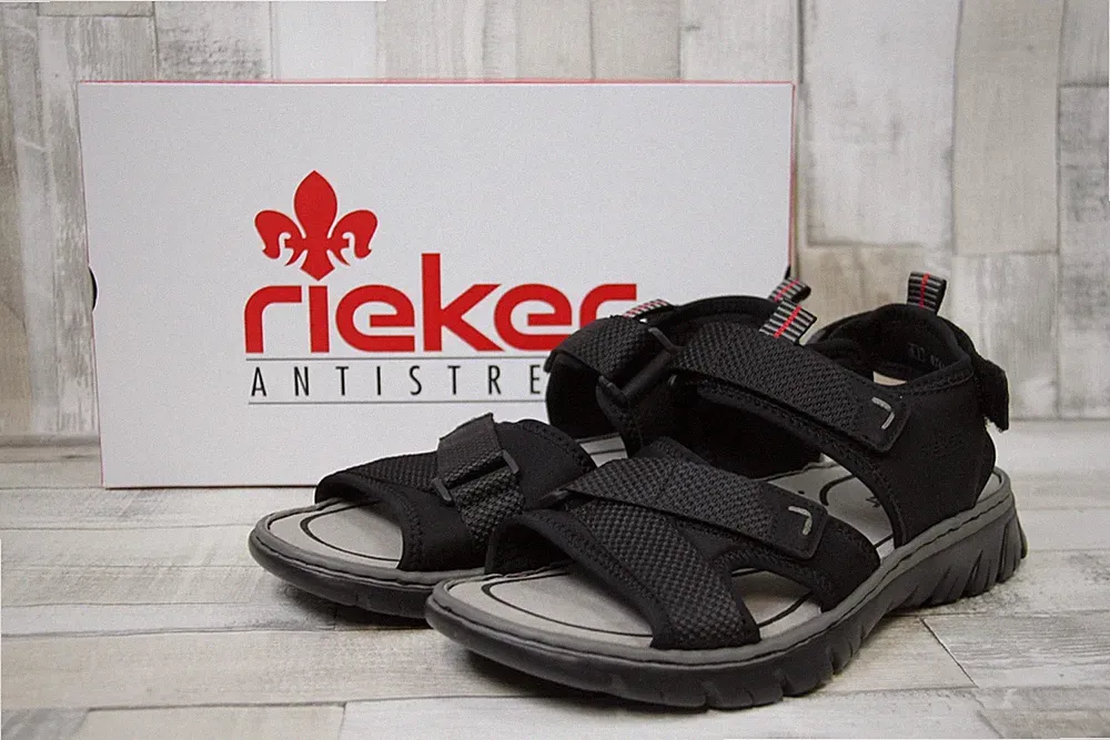 Rieker Herren Sandale Schwarz mit Klettverschluss und weicher Sohle, verstellbar