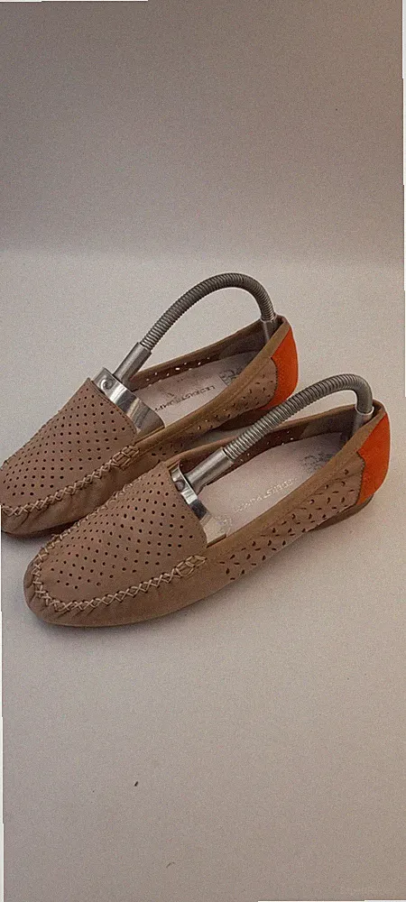 Rieker Lago Damen Leder Halbschuhe in Beige mit Orange Rücken - Größe 5,5