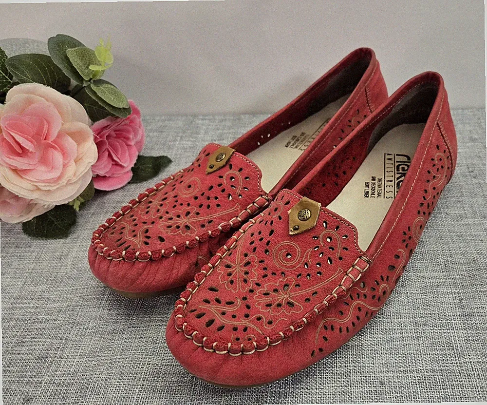 Rieker Red Leather Shoes Size 38 EU, 7 US Loafers Slip On Perforared Design