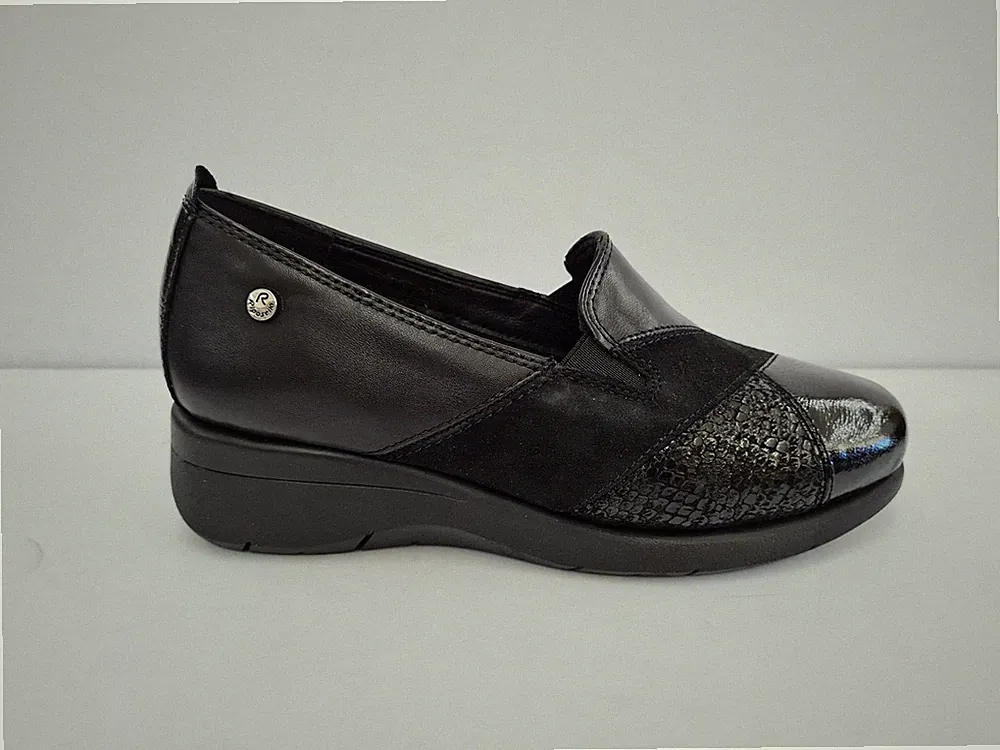 Riposella Damen Halbschuh aus Leder und Wildleder mit Gummizug - SCHWARZ (schwarz)