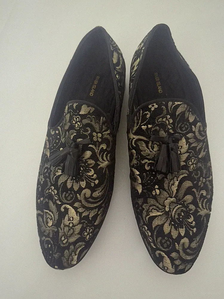 River Island Men’s Black Gold Brocade Tassel Loafers Smoking Slippers UK 7 EU 41