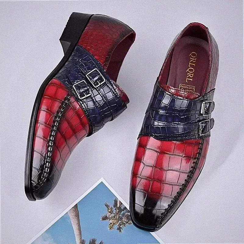 Rote Herren Halbschuhe Doppelschnalle Elegant Krokodildruck Luxury - M7K4Q