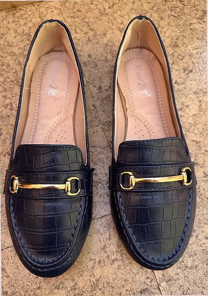 Row&BE Damen Slipper Loafer Leder Schwarz Kroko-Prägung Schnalle Gr. 39