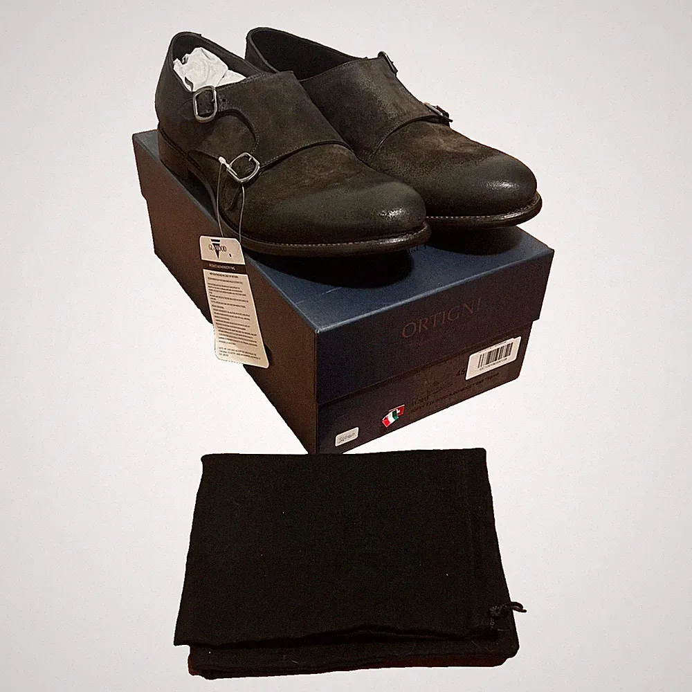 RT 340€ NEW ORTIGNI Men’s Dark Brown Suede Double monk strap Loafers EU 45 12 US